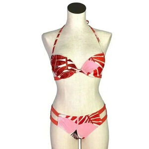 Aerie Women M Tropical Floral Pushup Halter Hipster Bikini Swimsuit Orange Multi